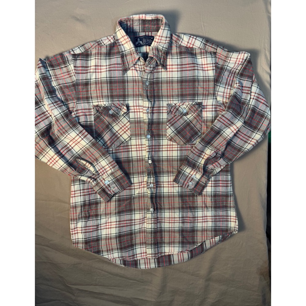 Men's Plaid Button Up Flannel Shirt Medium Gray Red Lumberjack Style